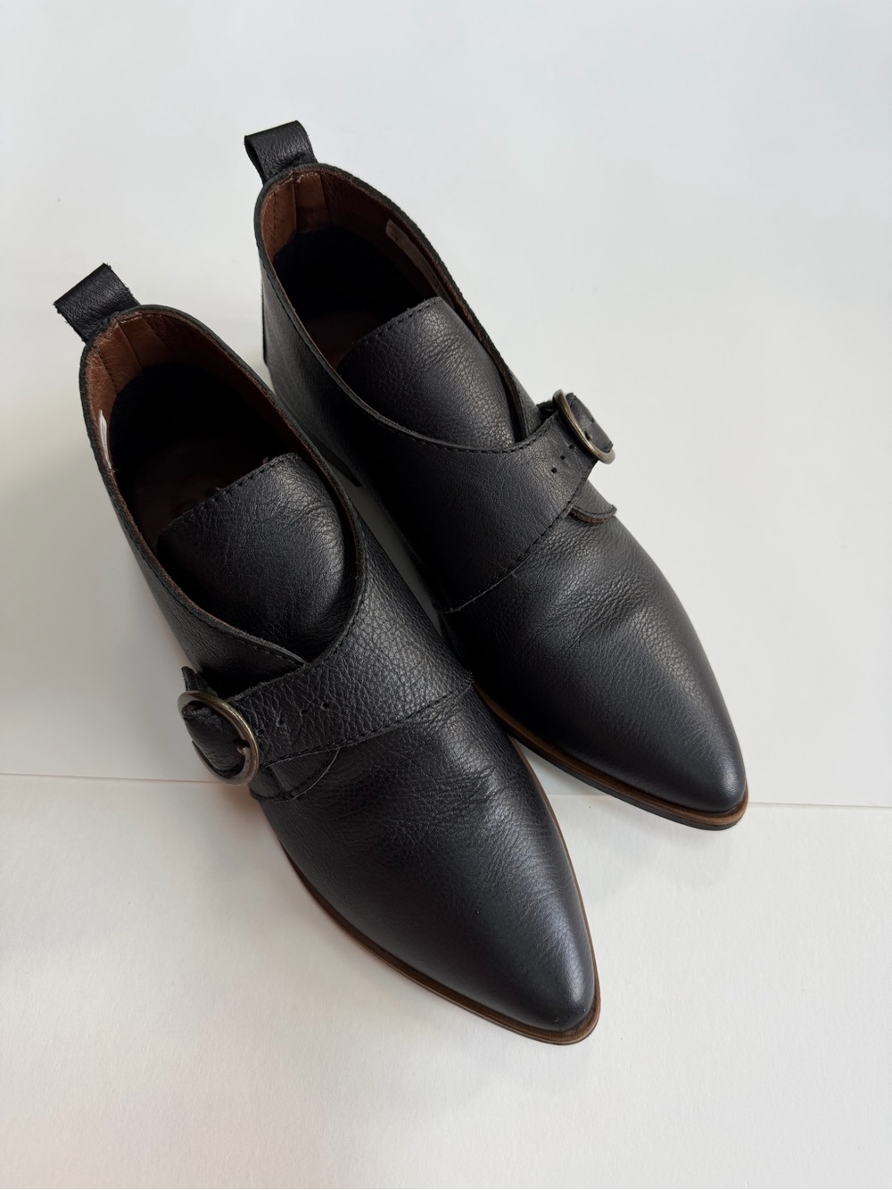 Women’s Black Leather Pointed Monk Strap Shoes